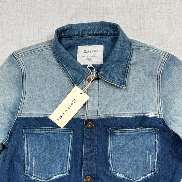 Liquor N Poker Cut and Sew Denim Jacket Colorblock Blue Cotton Size L NWT - Picture 3 of 14
